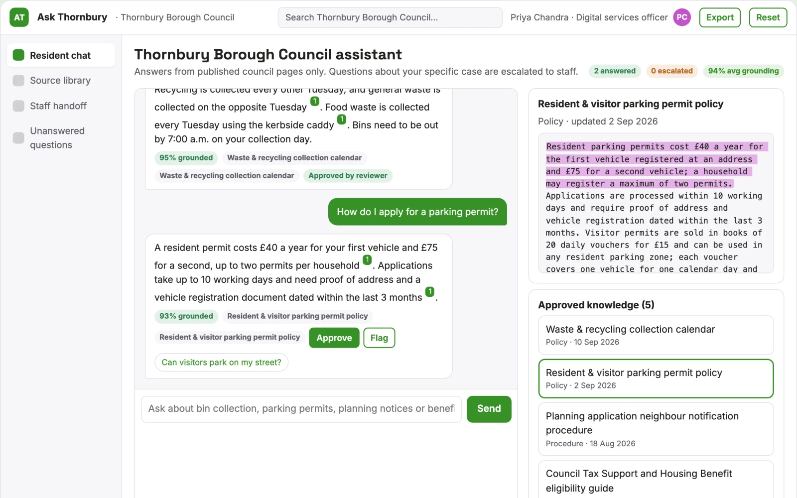 Screenshot of the Citizen information assistant interactive demo