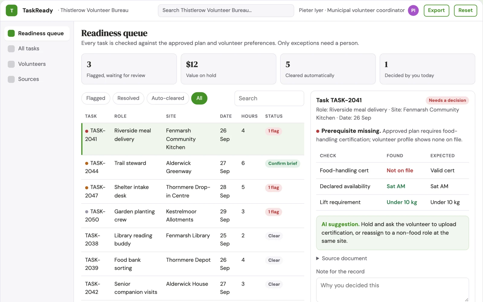 Screenshot of the Civic volunteer task preparation interactive demo