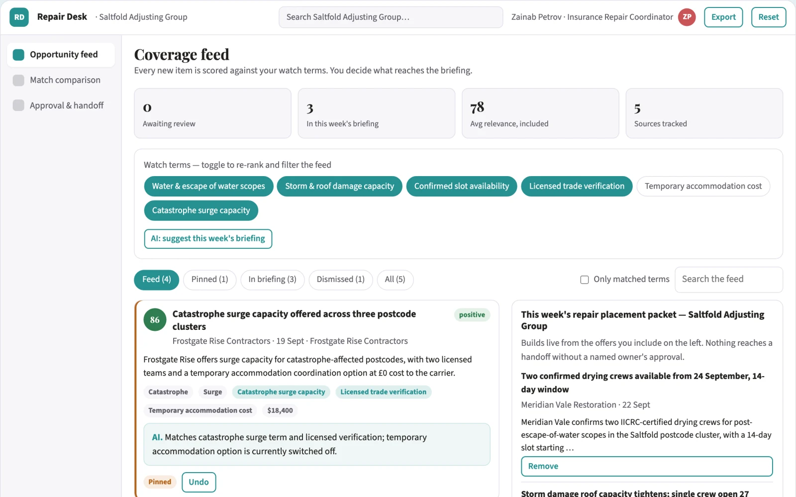 Screenshot of the Claim repair availability marketplace interactive demo
