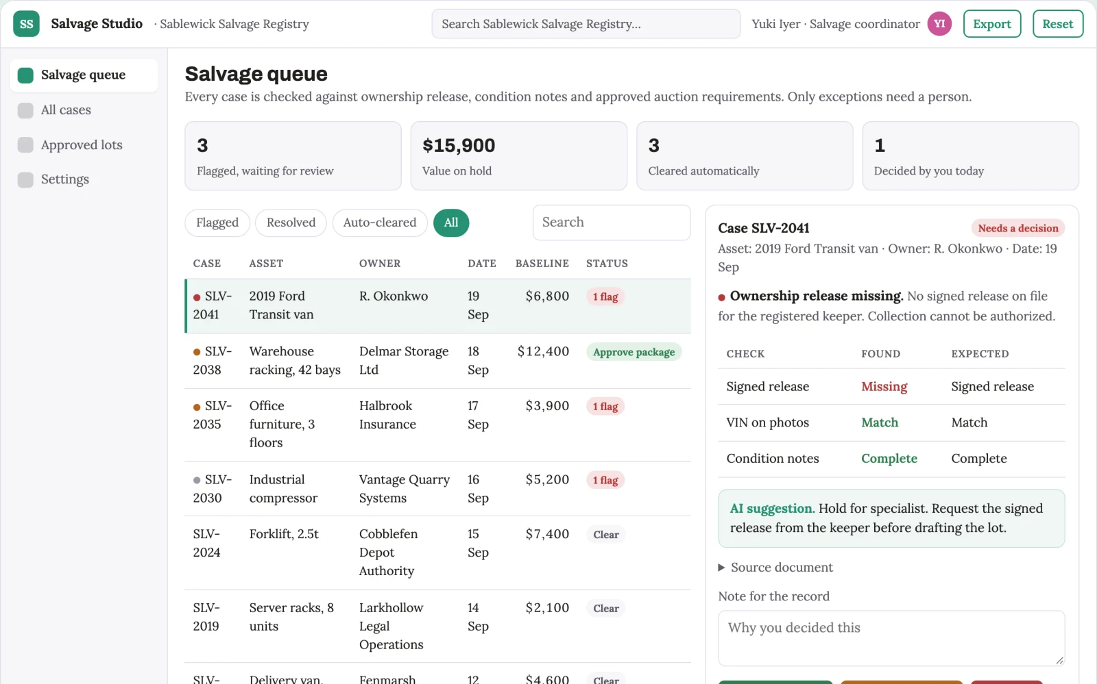 Screenshot of the Claim salvage lot preparation studio interactive demo
