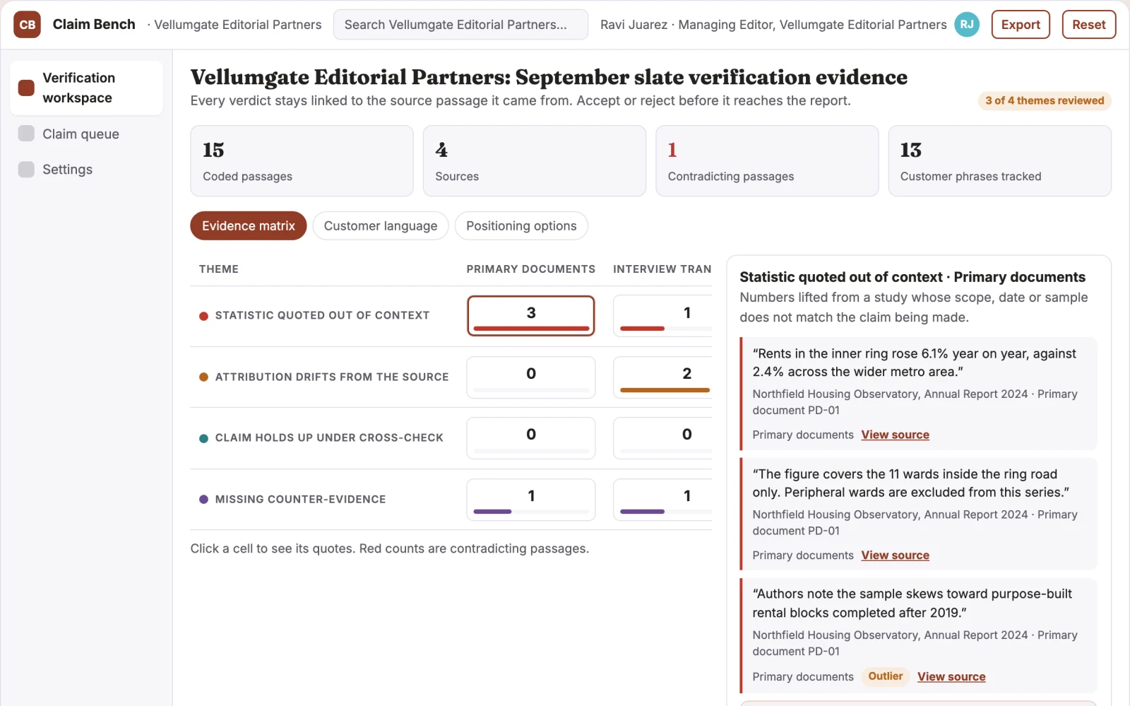 Screenshot of the Claim verification and source evidence workbench interactive demo
