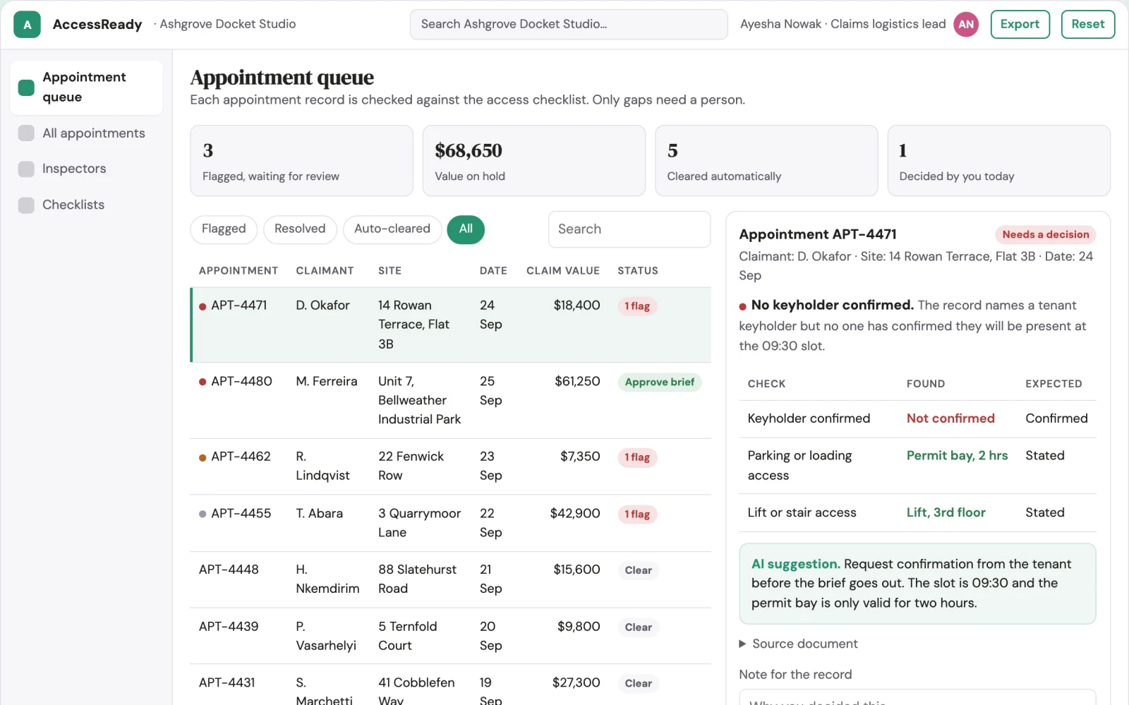 Screenshot of the Claims appointment logistics planner interactive demo