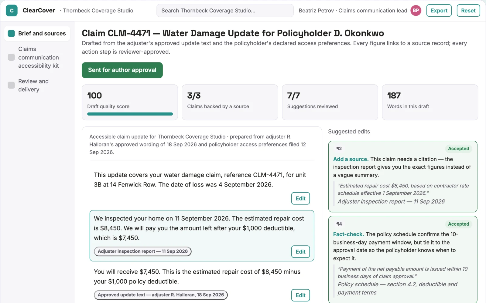 Screenshot of the Claims communication accessibility kit interactive demo