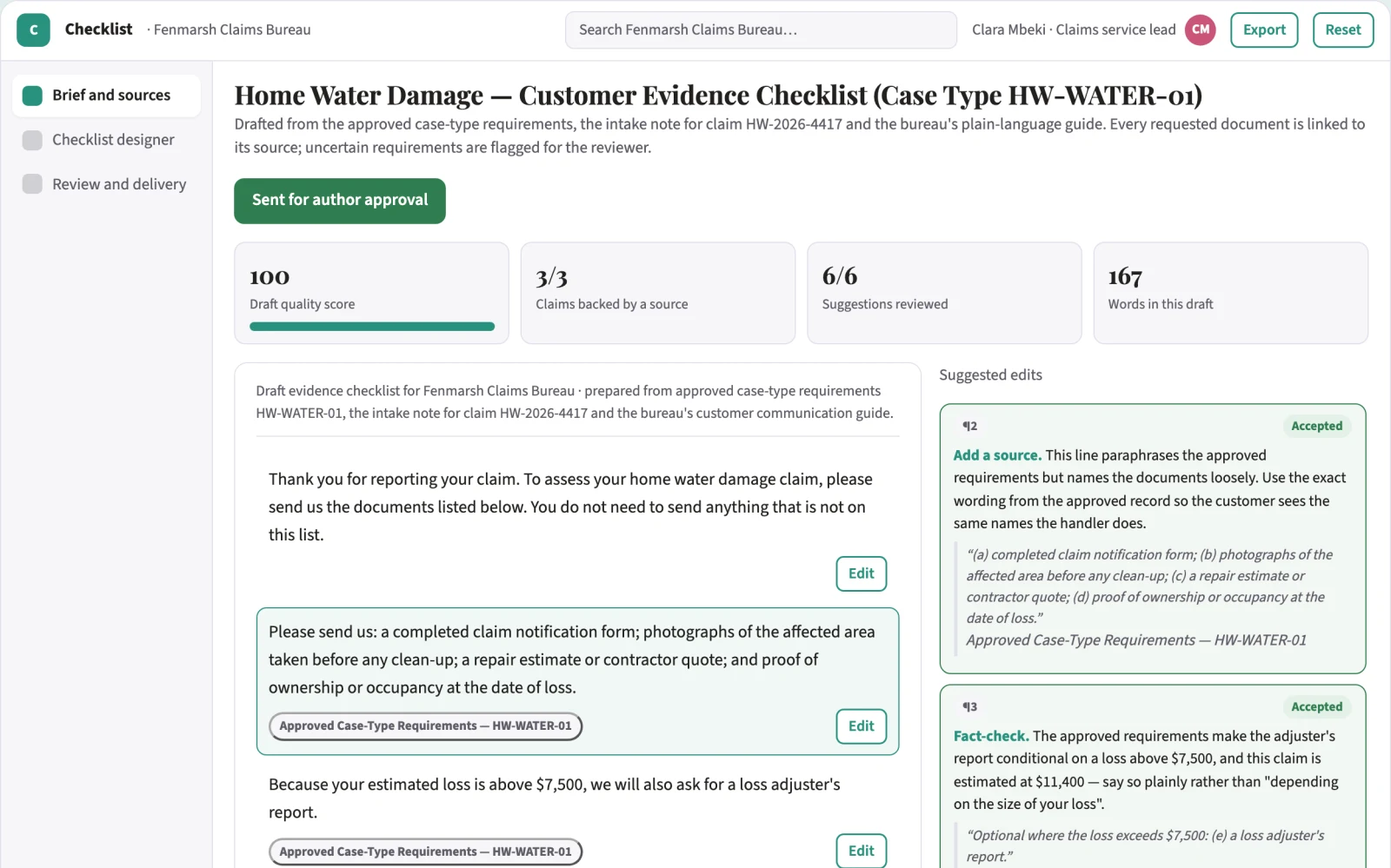 Screenshot of the Claims customer-document checklist designer interactive demo