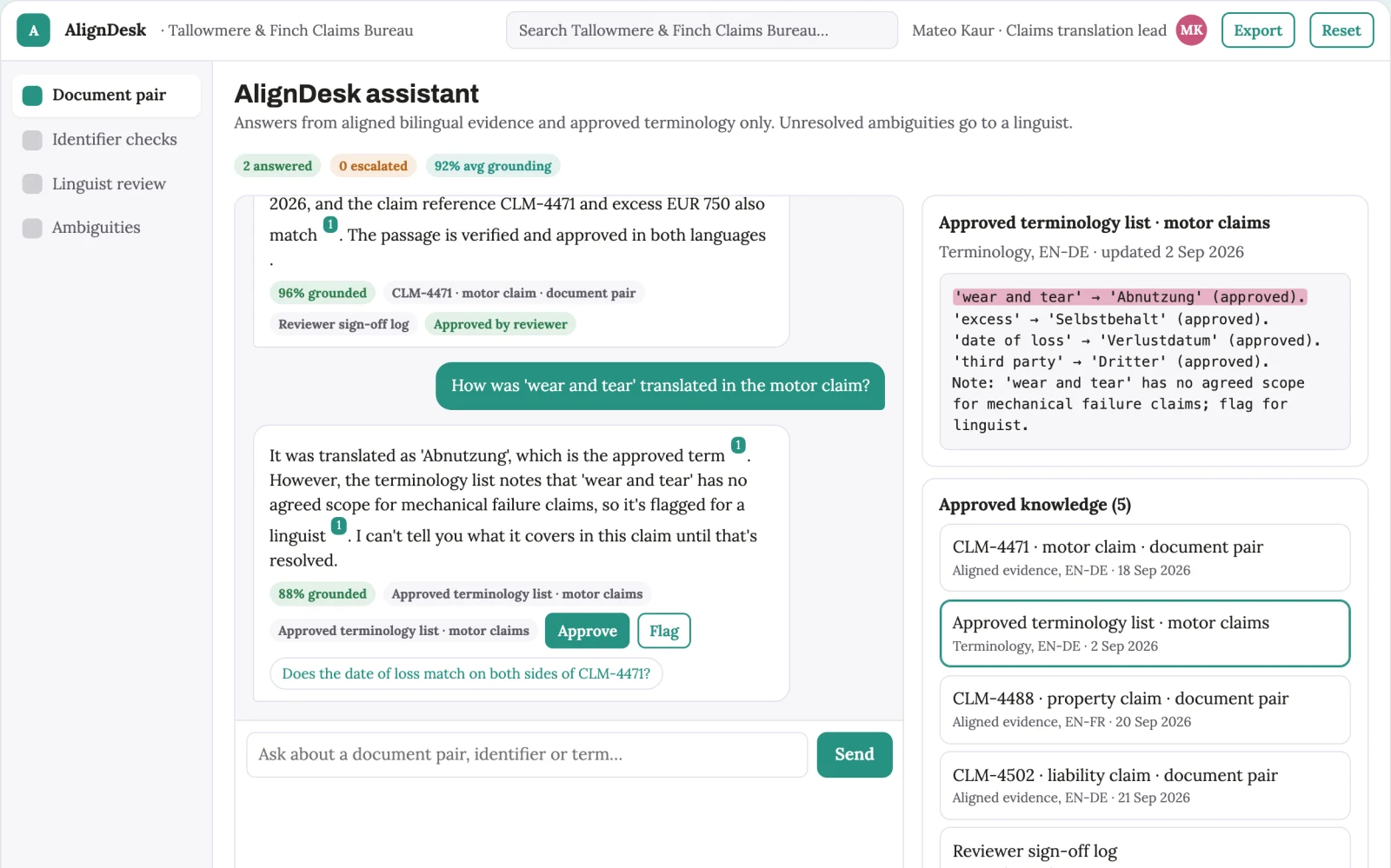 Screenshot of the Claims document translation alignment interactive demo