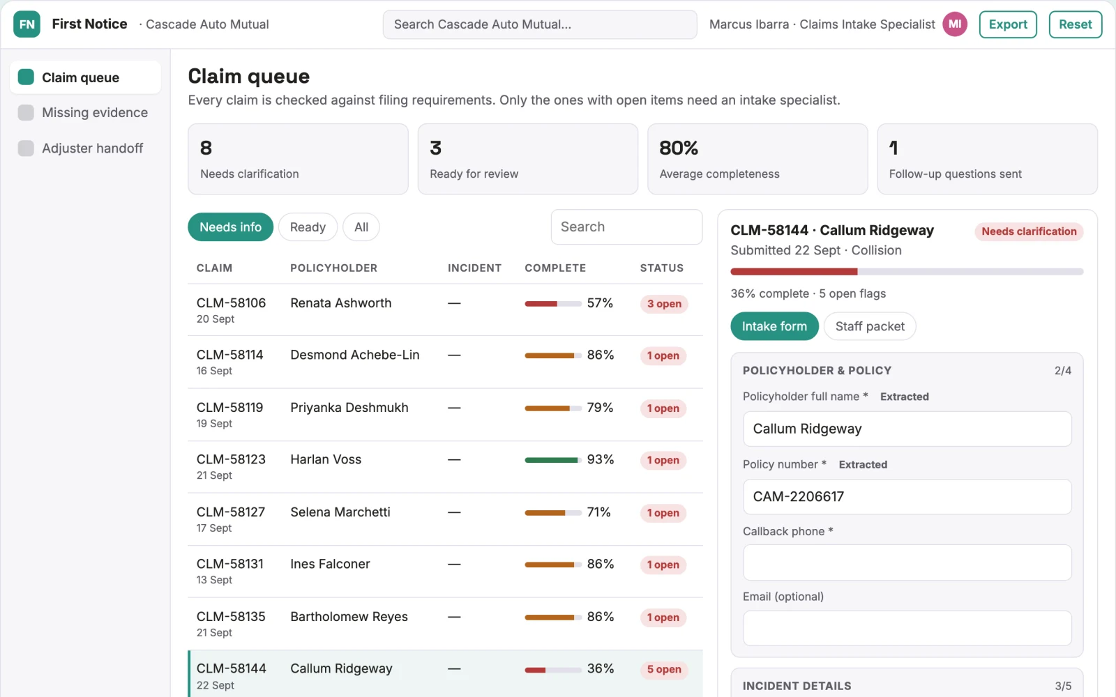Demo screen of Claims intake assistant