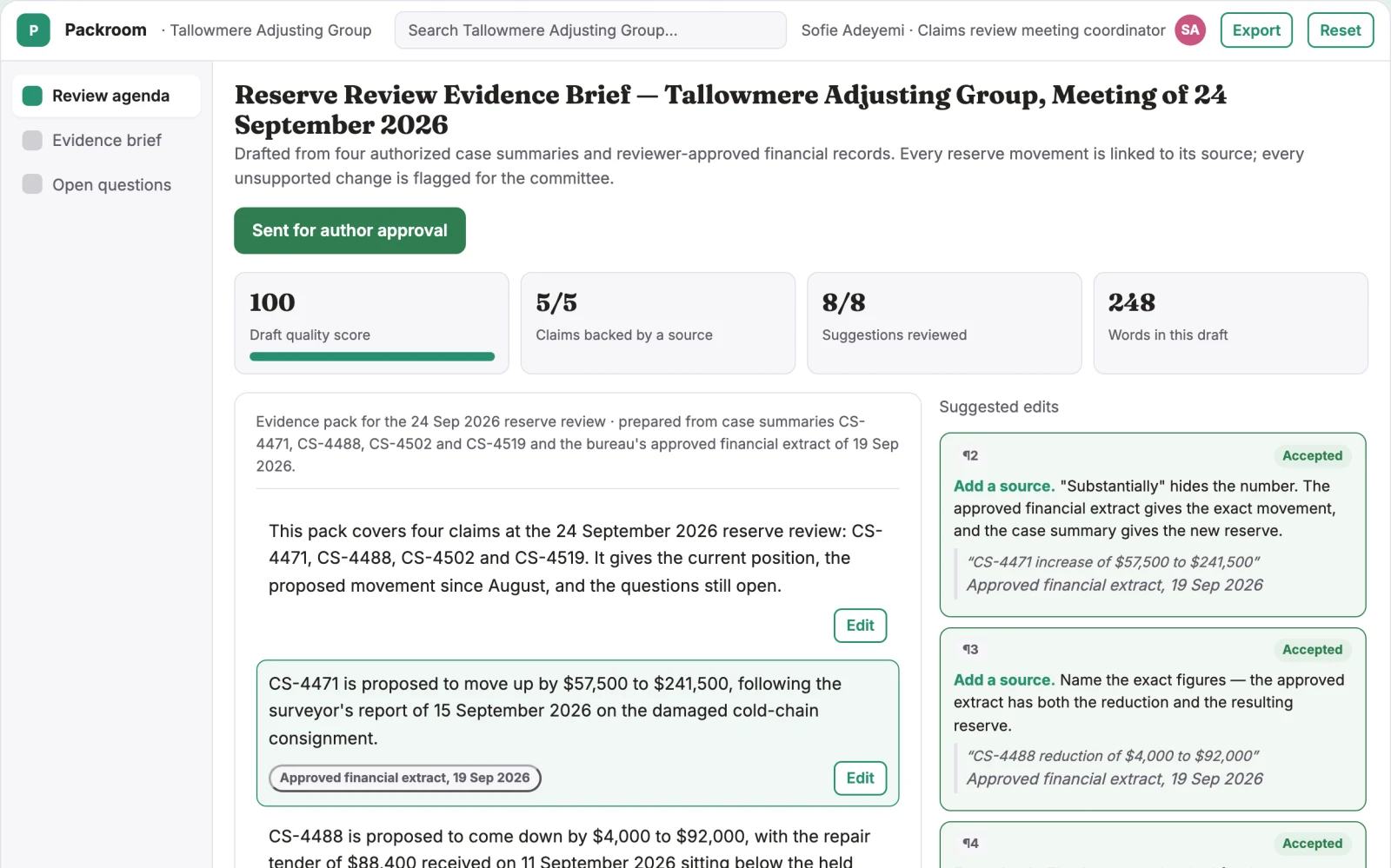 Screenshot of the Claims reserve meeting evidence pack interactive demo