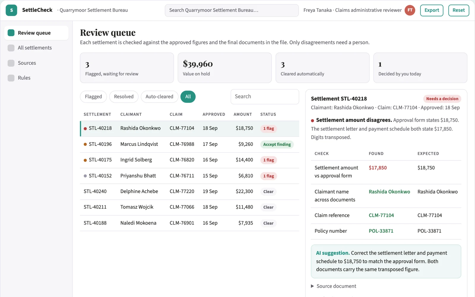Screenshot of the Claims settlement document consistency interactive demo