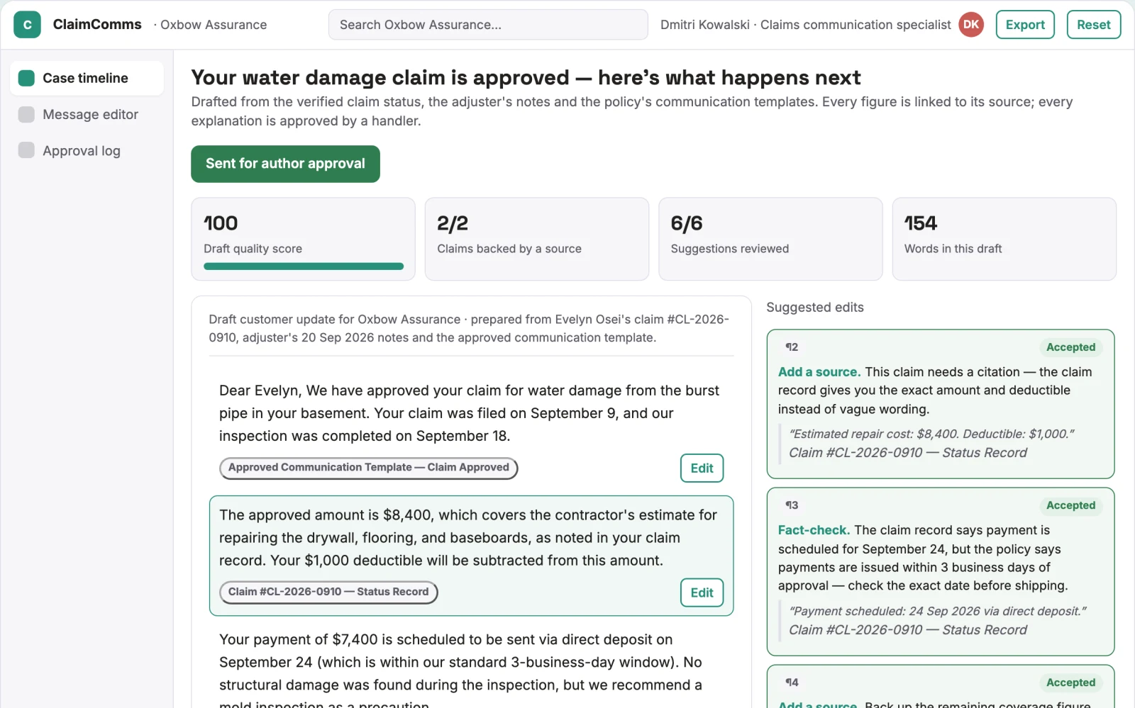 Screenshot of the Claims status communication service interactive demo