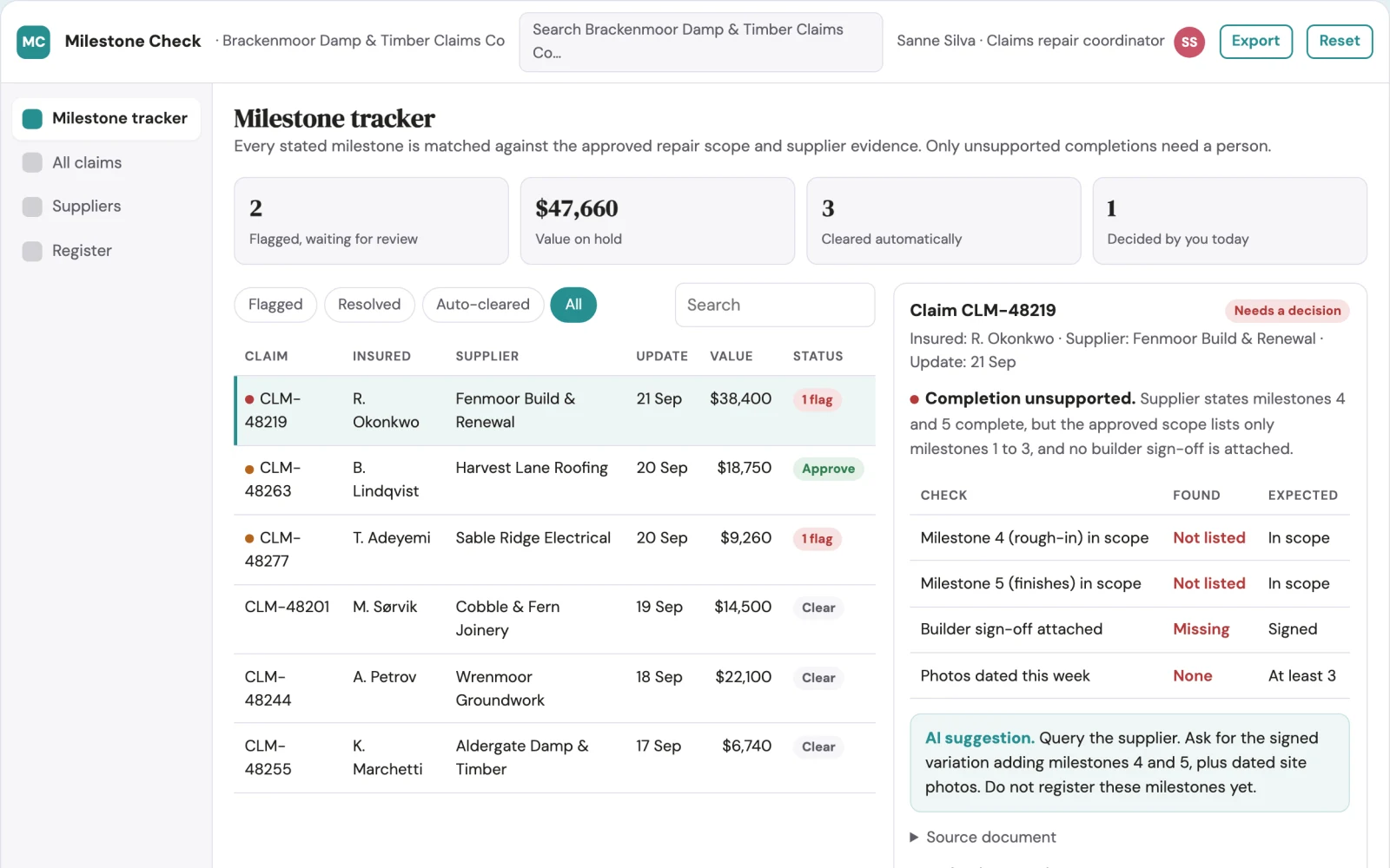 Screenshot of the Claims supplier milestone tracker interactive demo