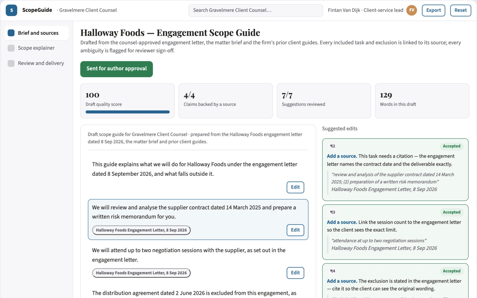 Screenshot of the Client legal-service scope explainer interactive demo