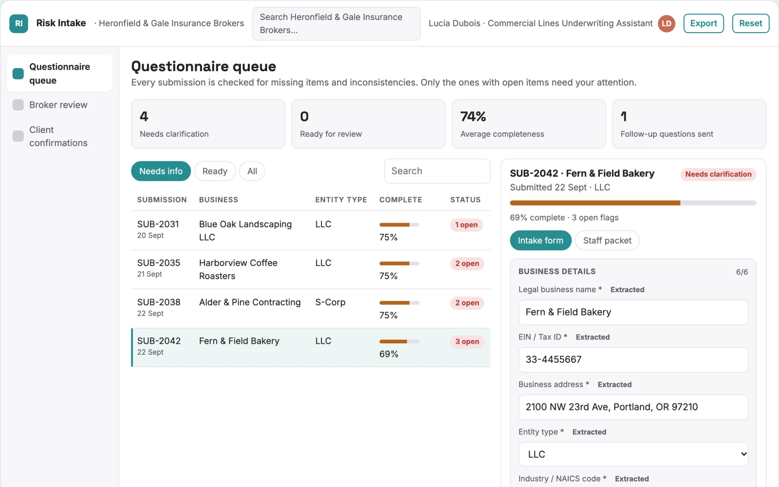 Demo screen of Client risk questionnaire assistant