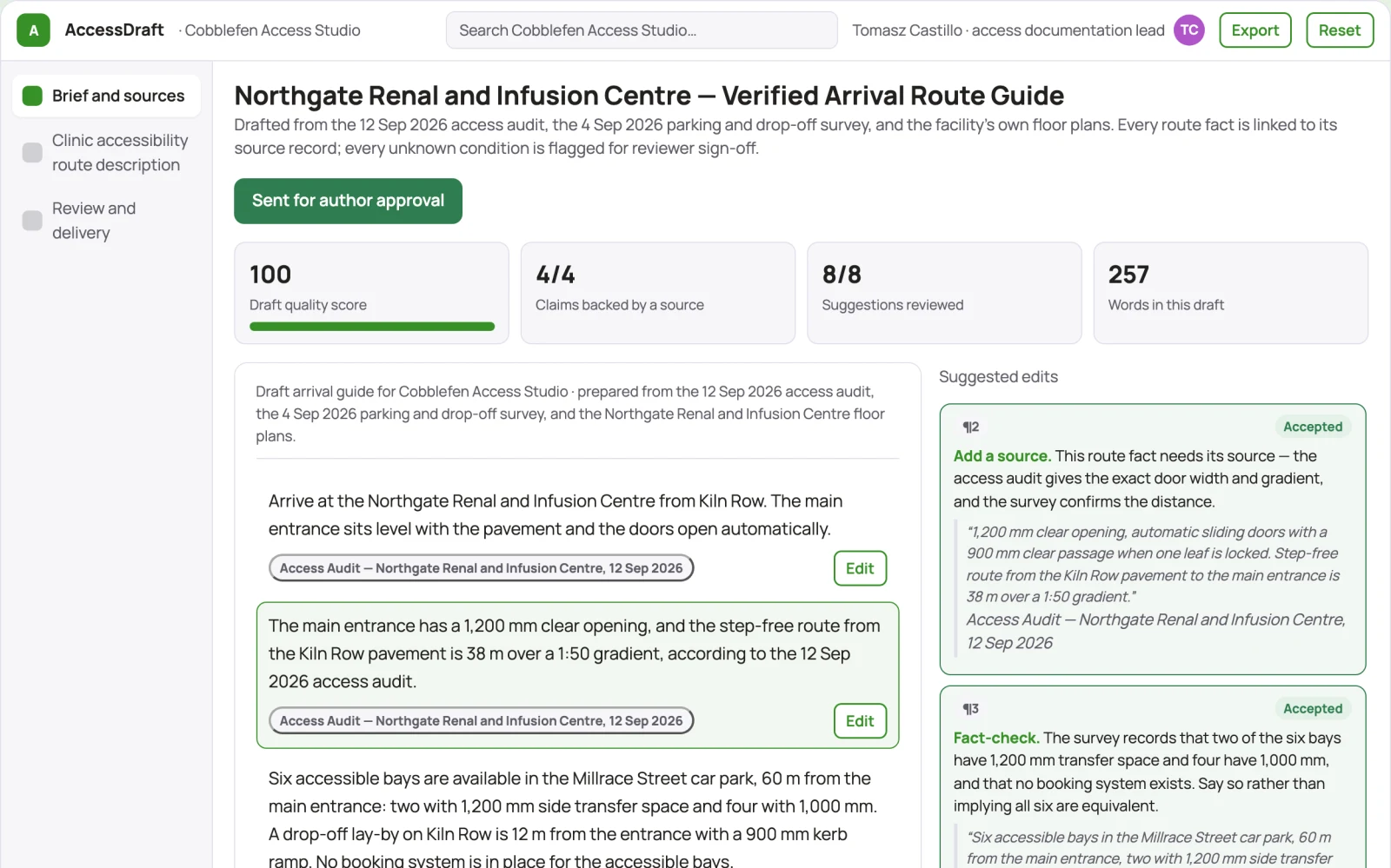 Screenshot of the Clinic accessibility route description interactive demo
