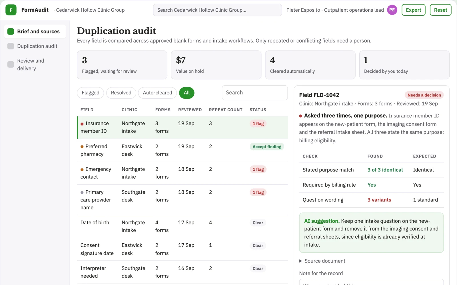 Screenshot of the Clinic administrative form duplication audit interactive demo