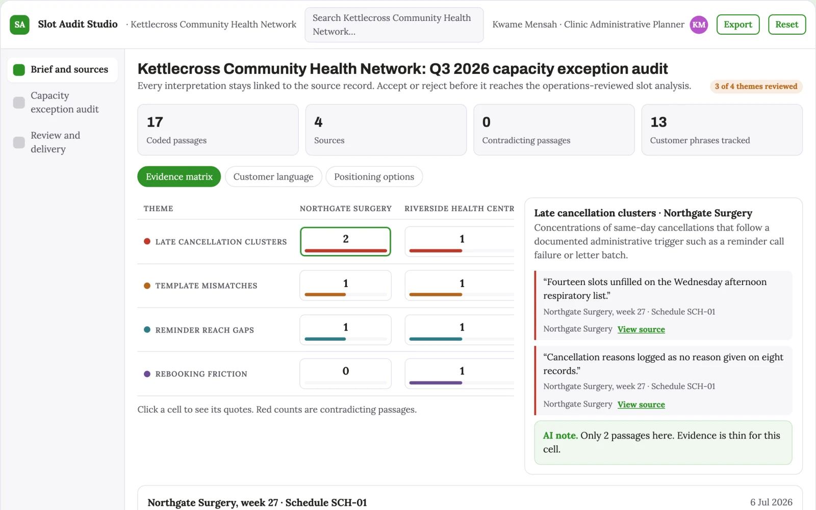 Screenshot of the Clinic appointment capacity exception audit interactive demo