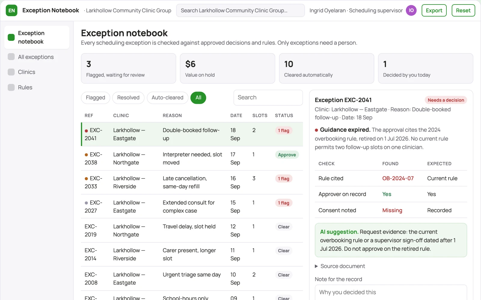 Screenshot of the Clinic appointment exception notebook interactive demo