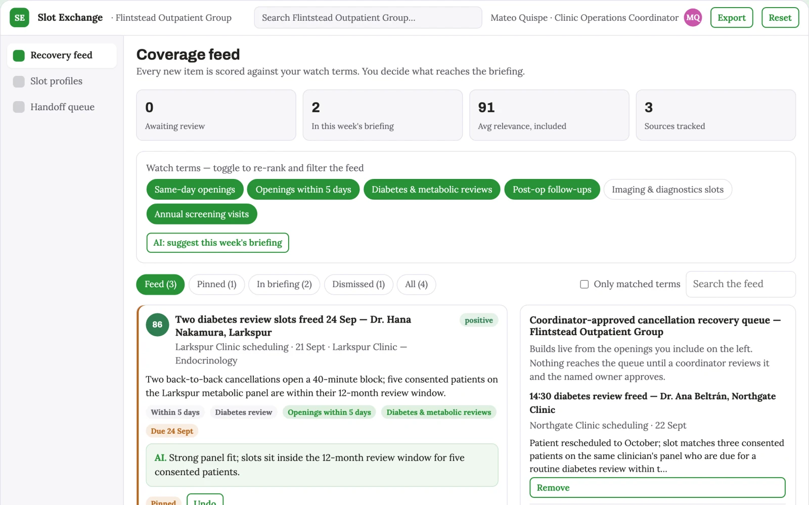 Screenshot of the Clinic cancellation-slot recovery exchange interactive demo