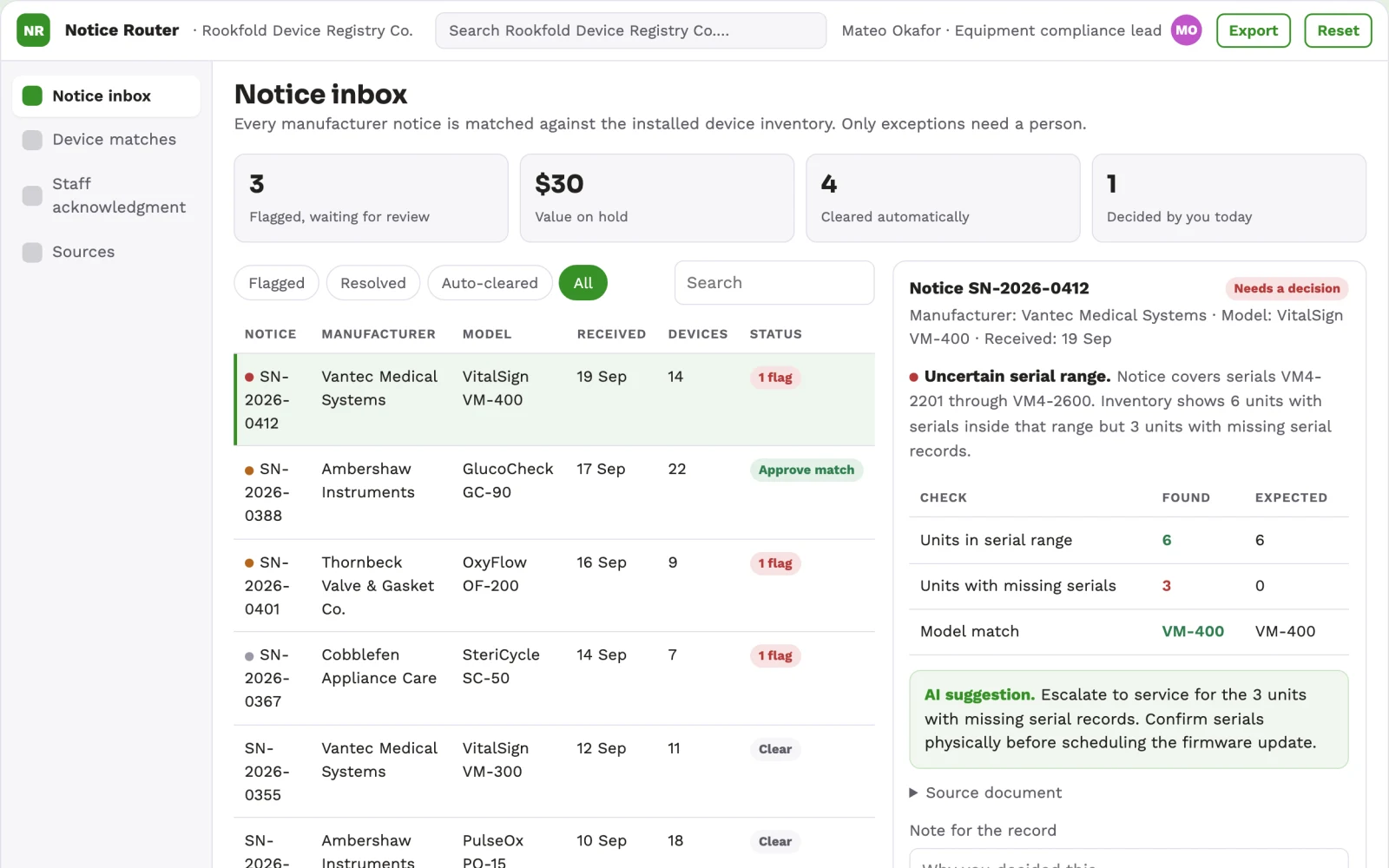 Screenshot of the Clinic device notice routing desk interactive demo