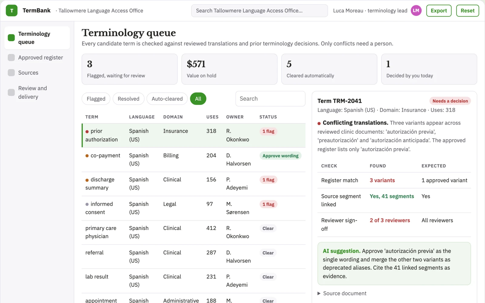 Screenshot of the Clinic document translation terminology bank interactive demo