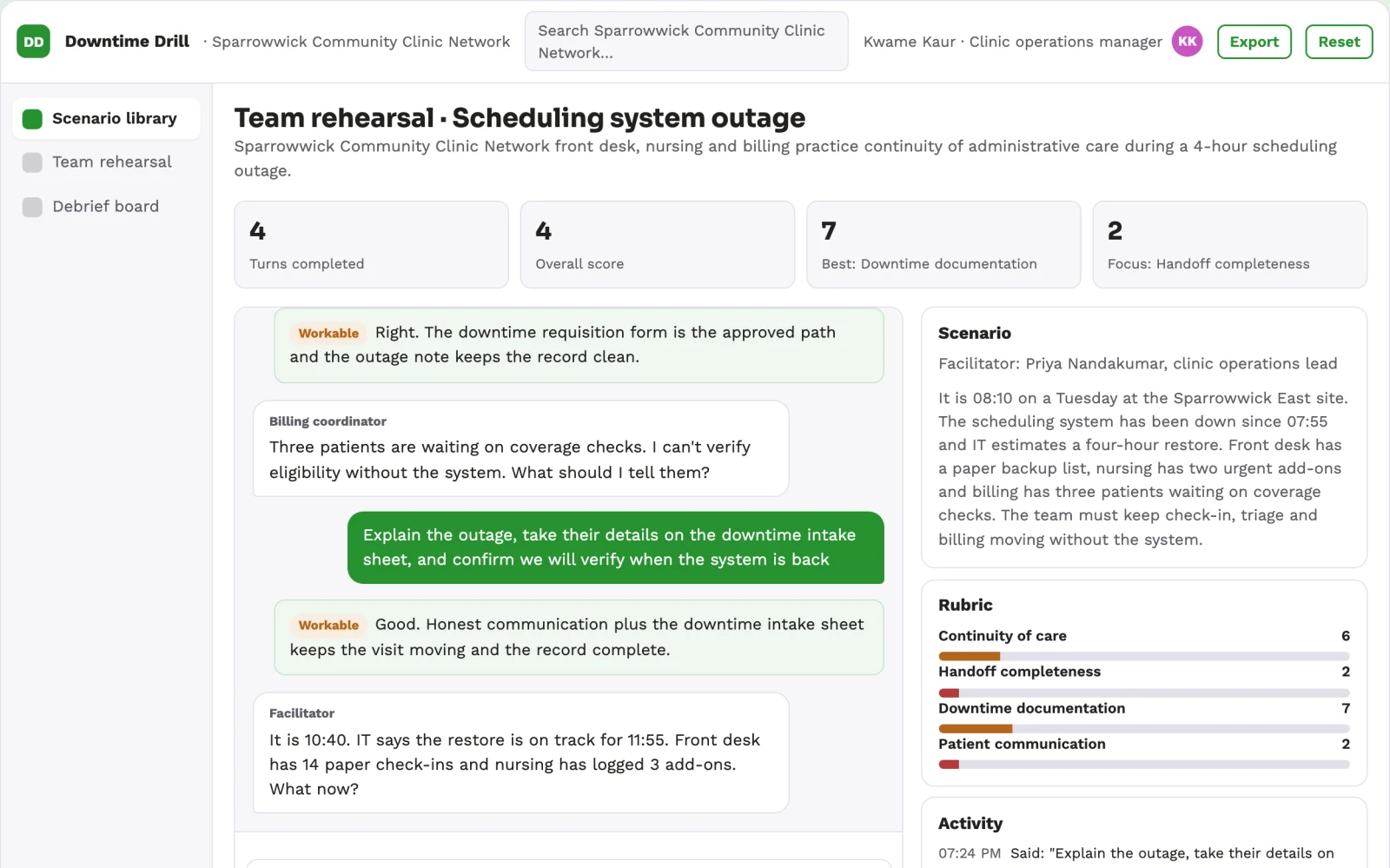 Screenshot of the Clinic downtime rehearsal kit interactive demo