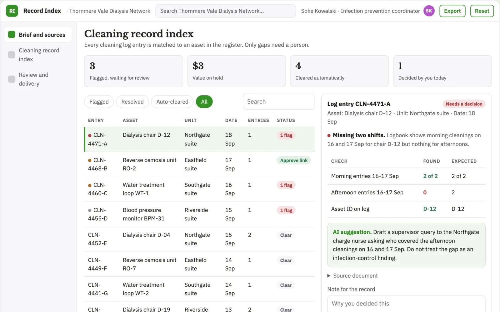 Screenshot of the Clinic equipment cleaning record index interactive demo