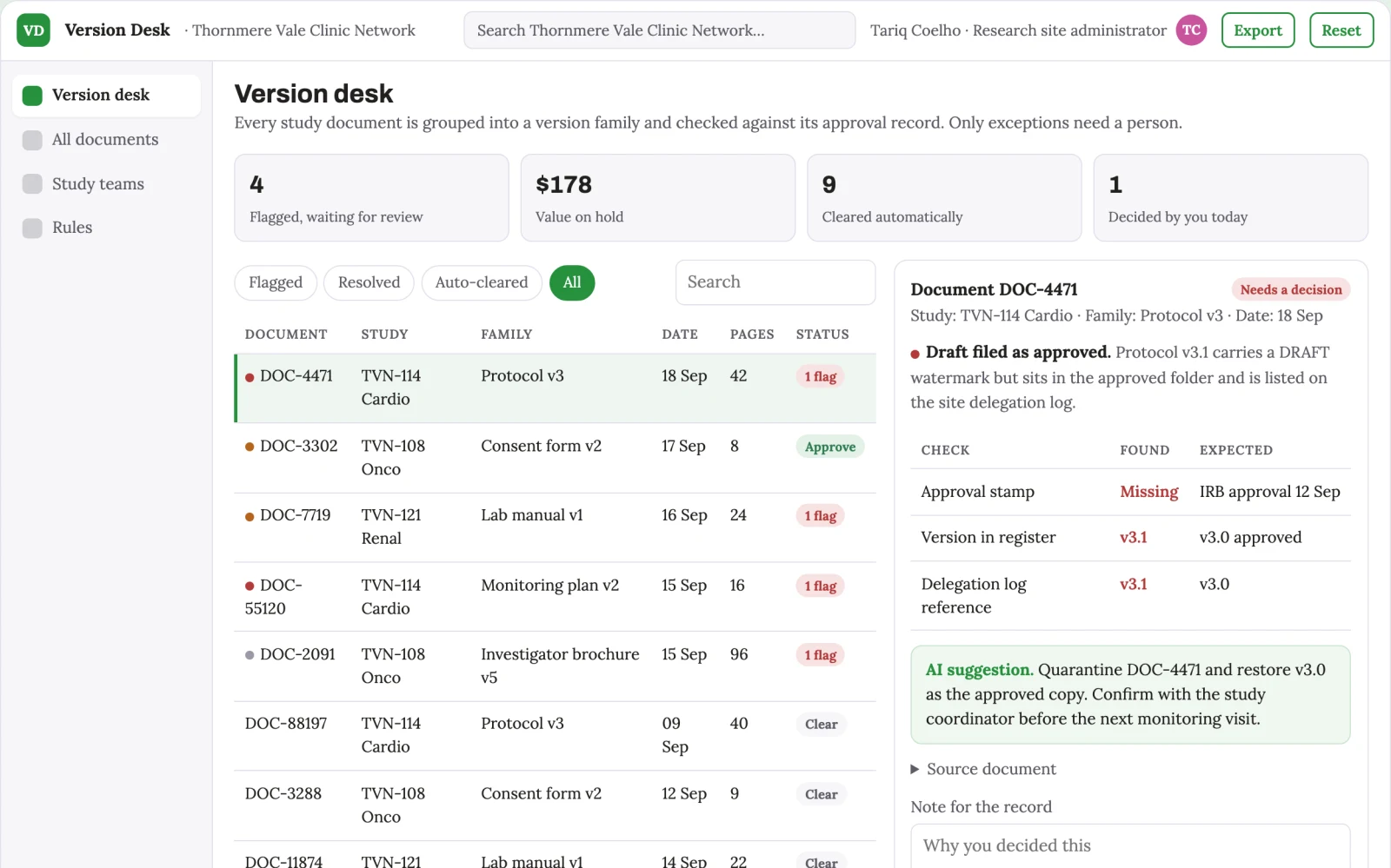 Screenshot of the Clinic research document version desk interactive demo