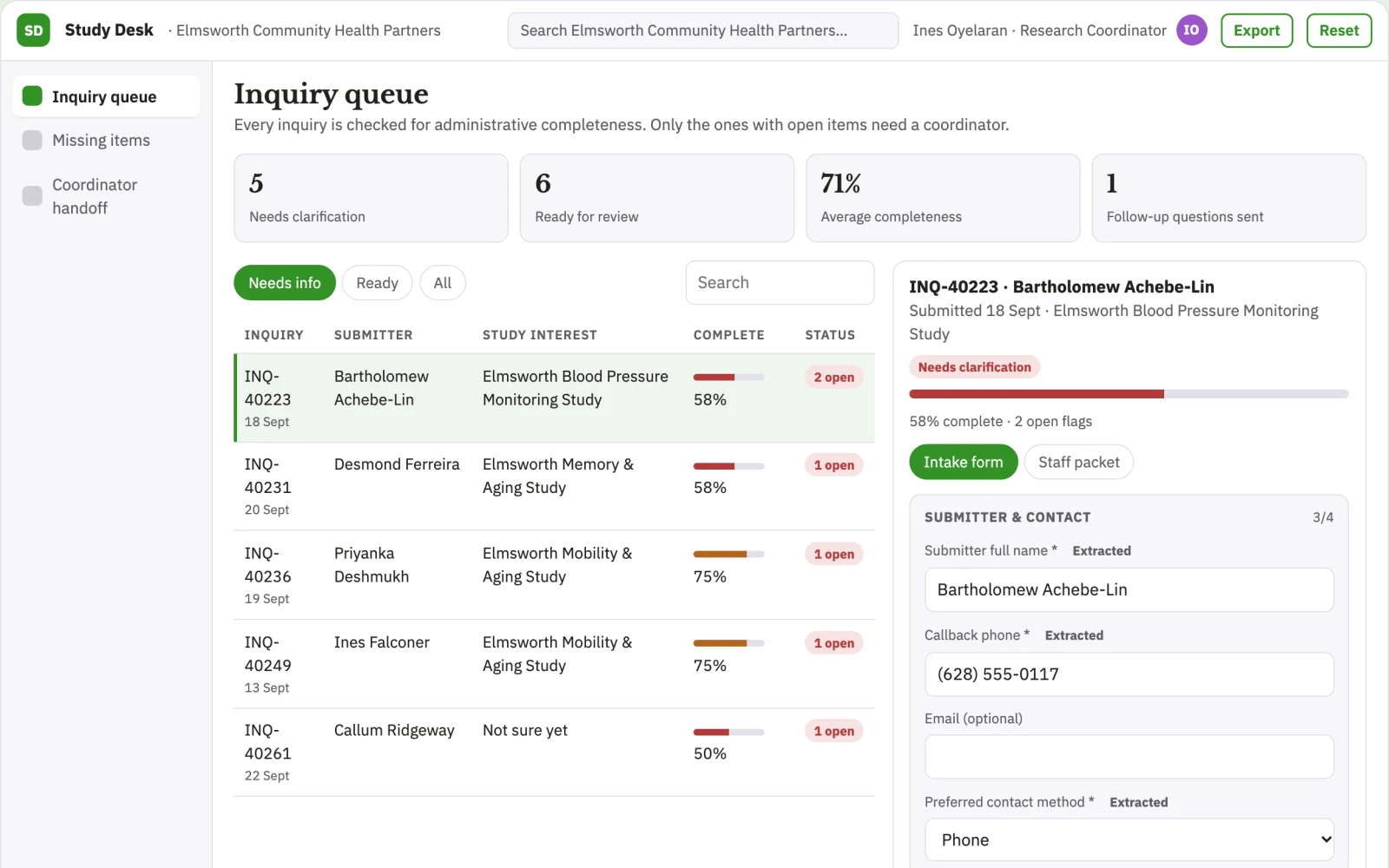 Screenshot of the Clinic research participation admin desk interactive demo