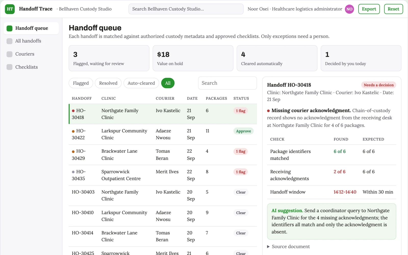 Screenshot of the Clinic specimen courier handoff evidence interactive demo