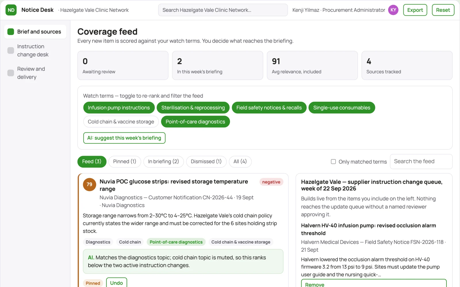 Screenshot of the Clinic supplier instruction change desk interactive demo