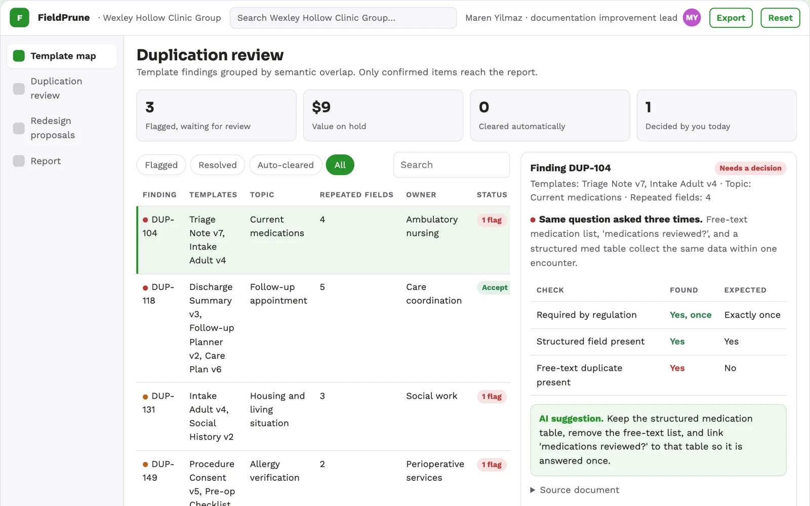 Screenshot of the Clinical template field rationalizer interactive demo