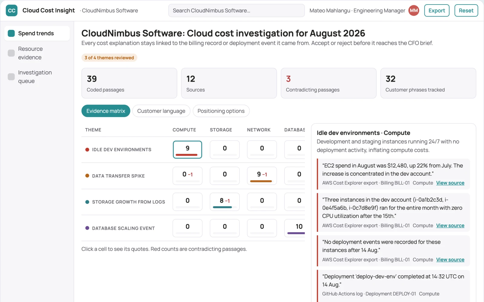 Screenshot of the Cloud spending analyst interactive demo