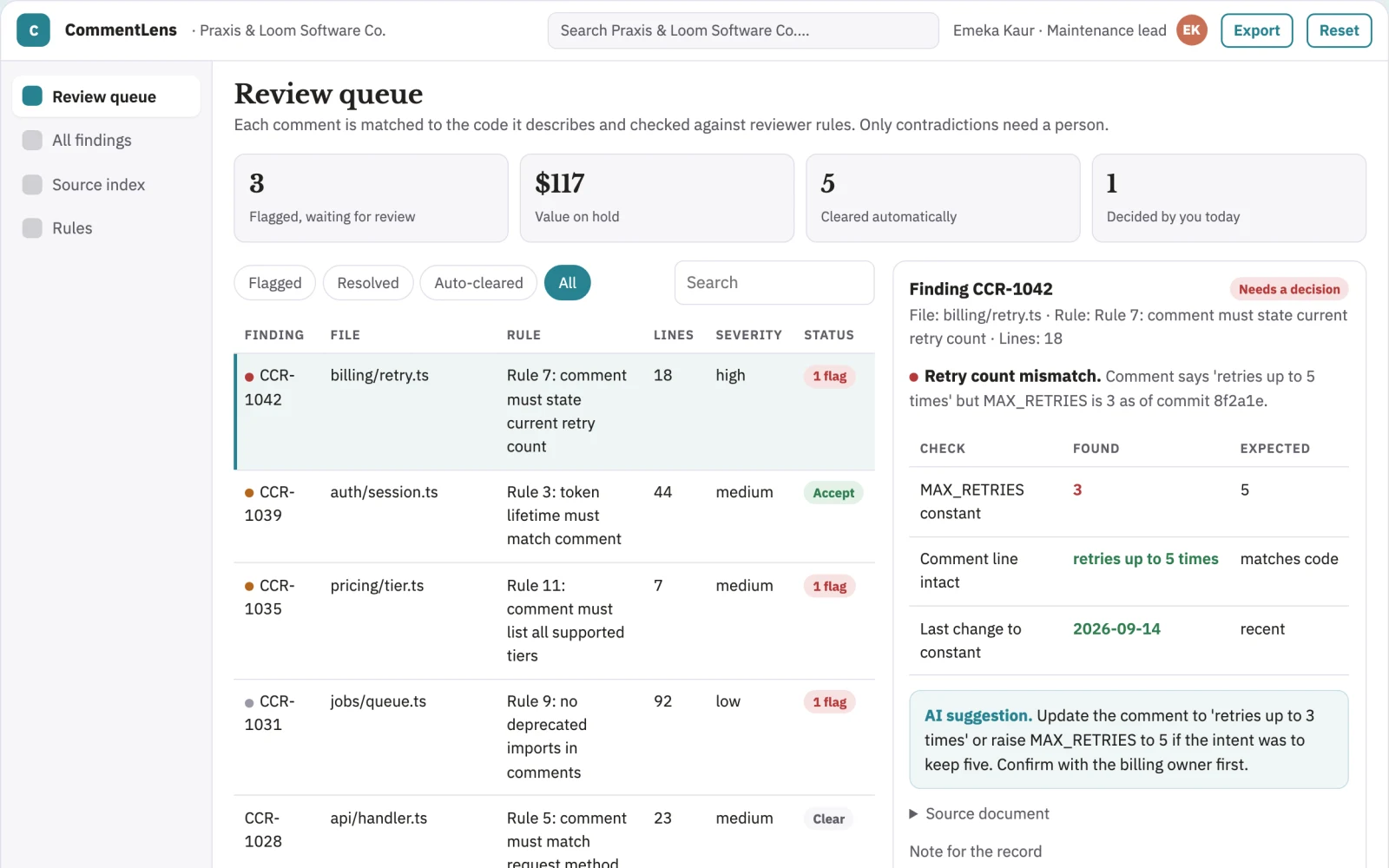 Screenshot of the Code comment contradiction reviewer interactive demo