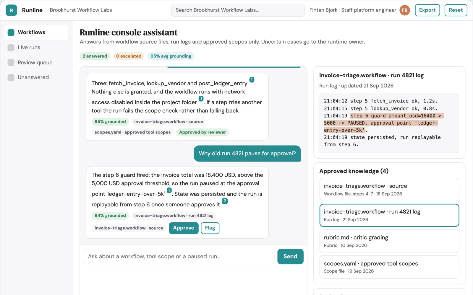 Screenshot of the Code-first agent workflow runtime console interactive demo