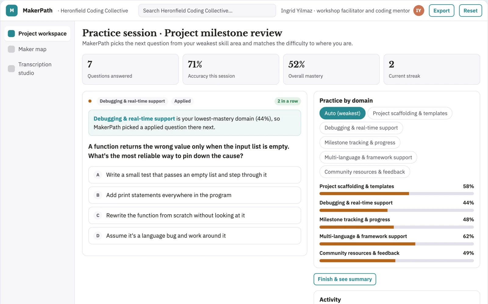 Screenshot of the Coding practice, maker map and audio transcription workspace interactive demo