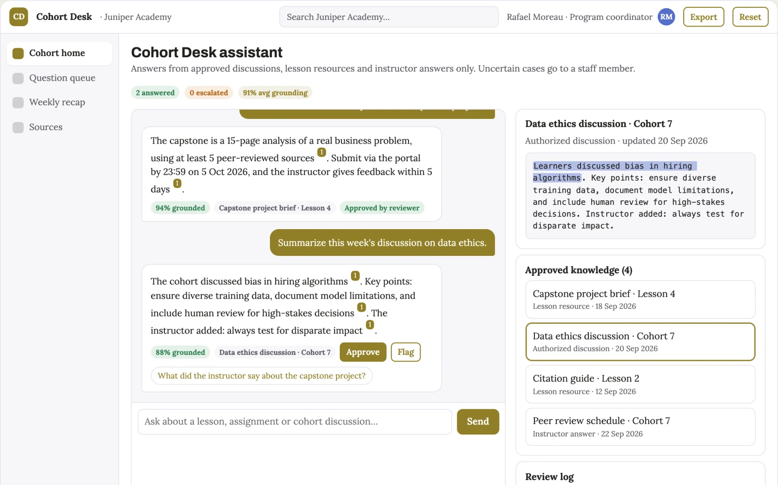 Screenshot of the Cohort learning assistant interactive demo