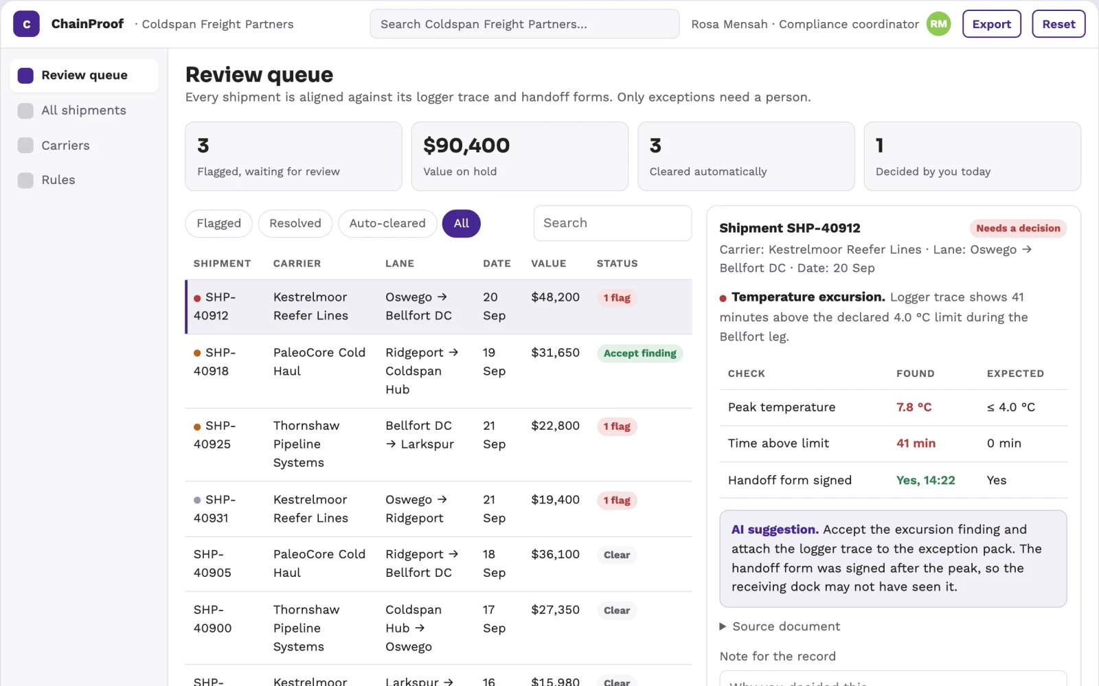 Screenshot of the Cold-chain paperwork anomaly desk interactive demo