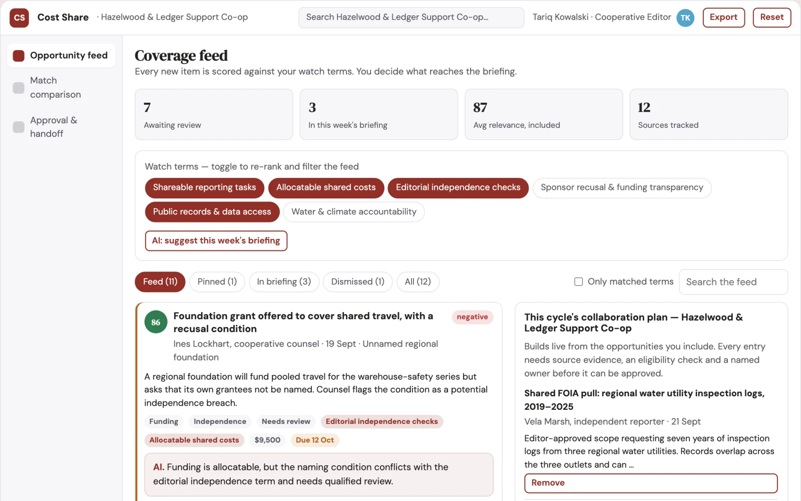 Screenshot of the Collaborative reporting cost-sharing cooperative interactive demo