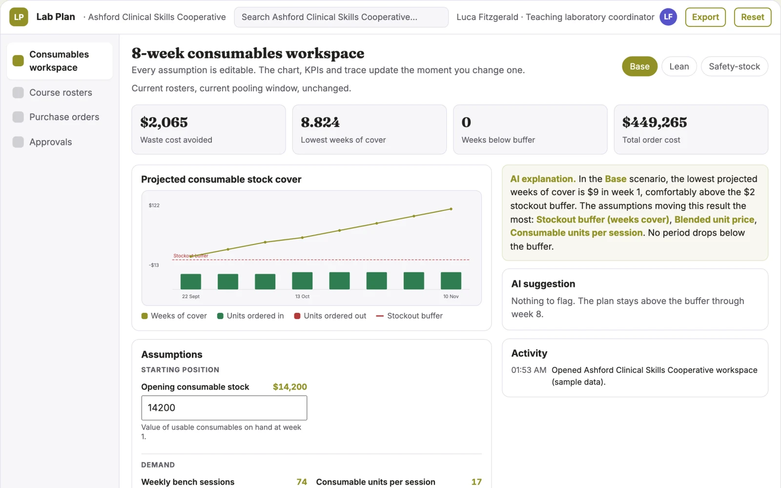 Screenshot of the College lab consumables forecasting co-op interactive demo