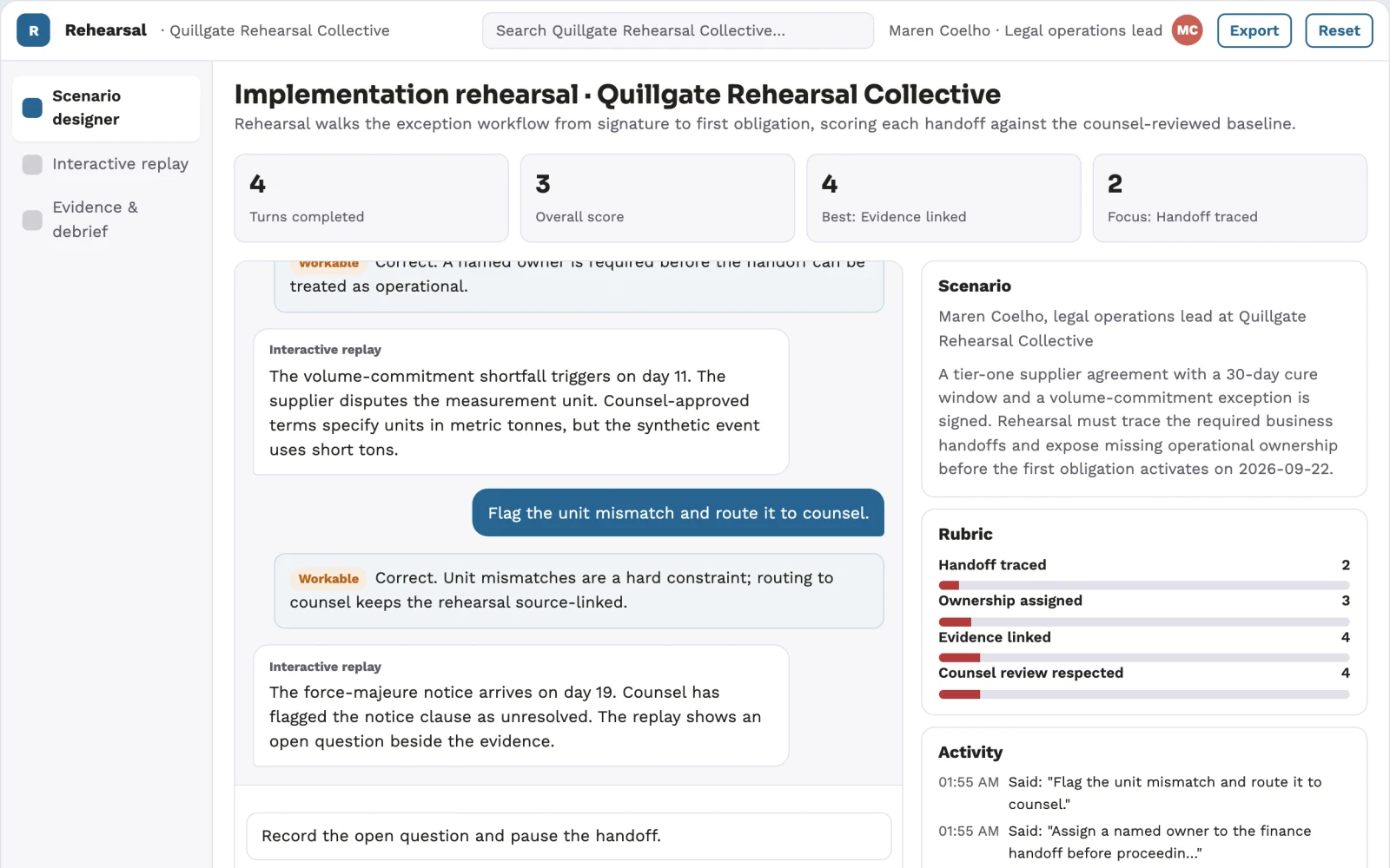 Screenshot of the Commercial contract operational simulation interactive demo