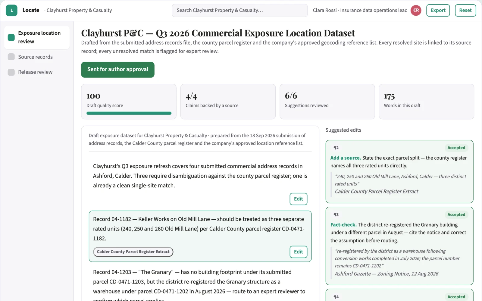 Screenshot of the Commercial exposure location disambiguator interactive demo