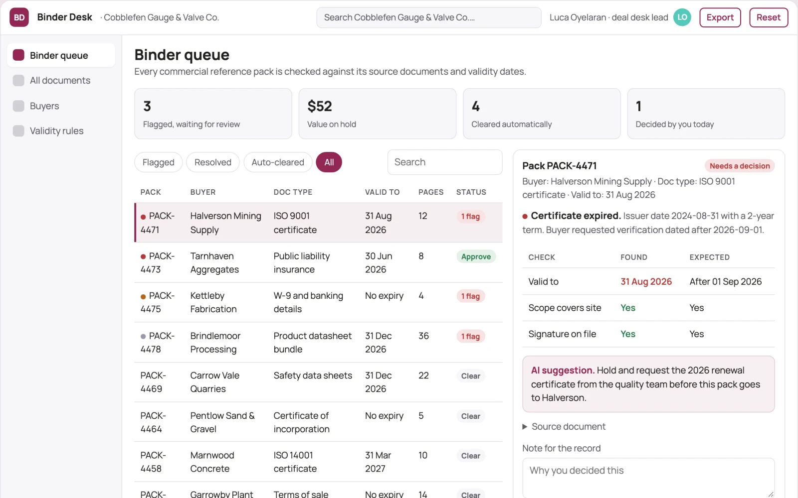 Screenshot of the Commercial reference-document binder interactive demo