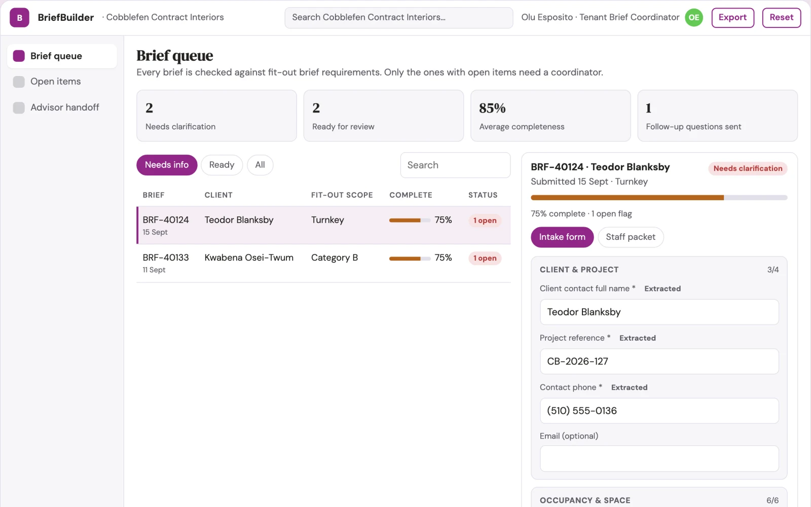 Screenshot of the Commercial space fit-out brief builder interactive demo