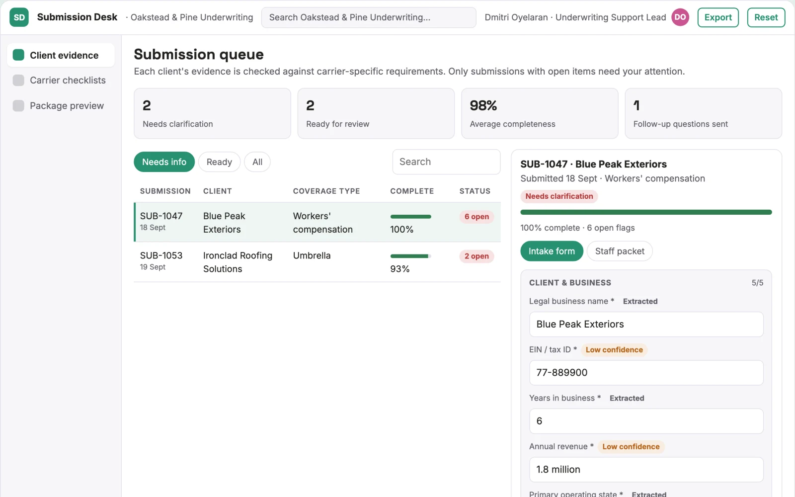 Screenshot of the Commercial submission organizer interactive demo