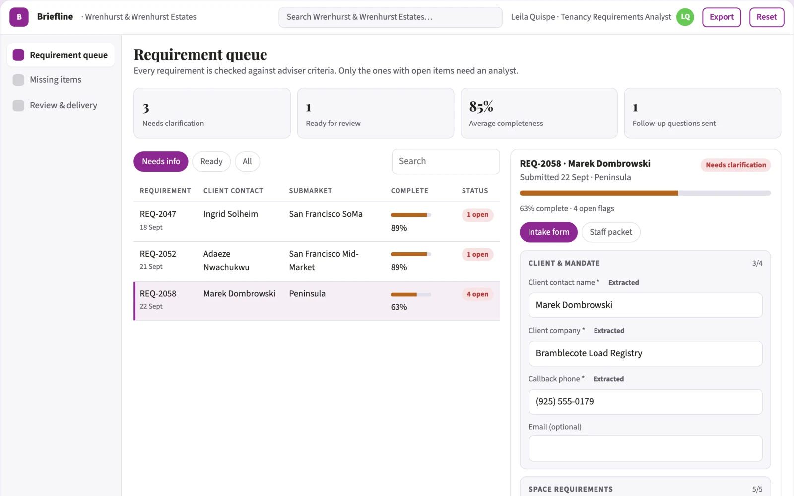 Screenshot of the Commercial tenancy requirement intake interactive demo