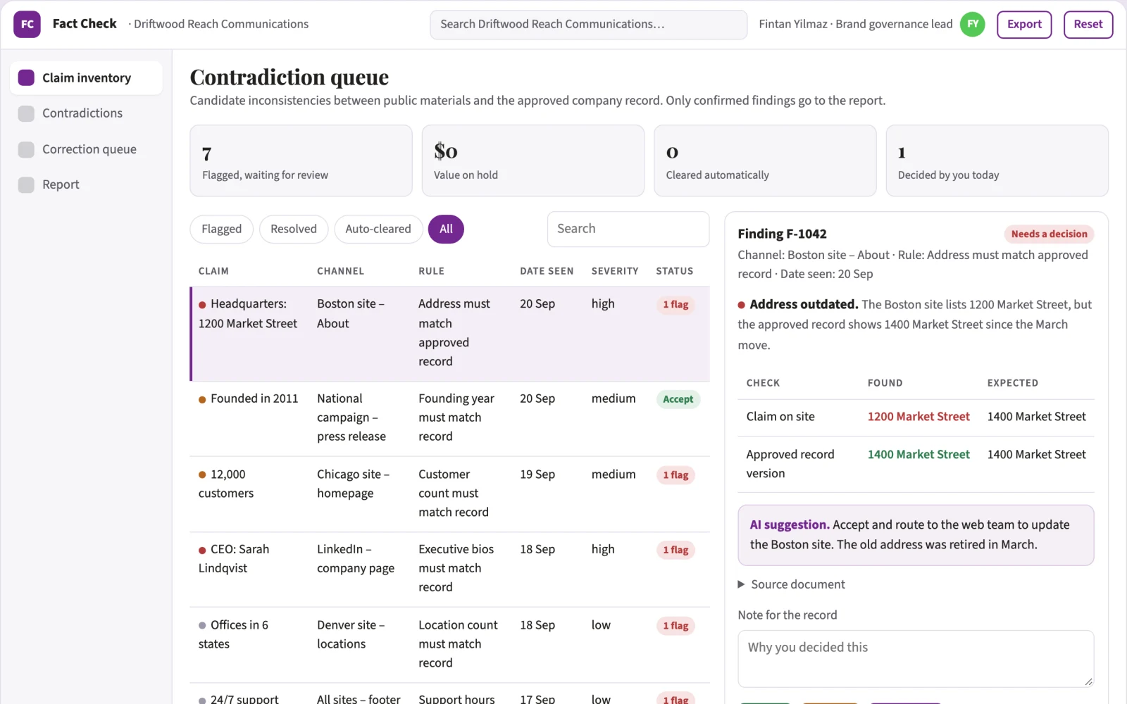 Screenshot of the Communications consistency checker interactive demo