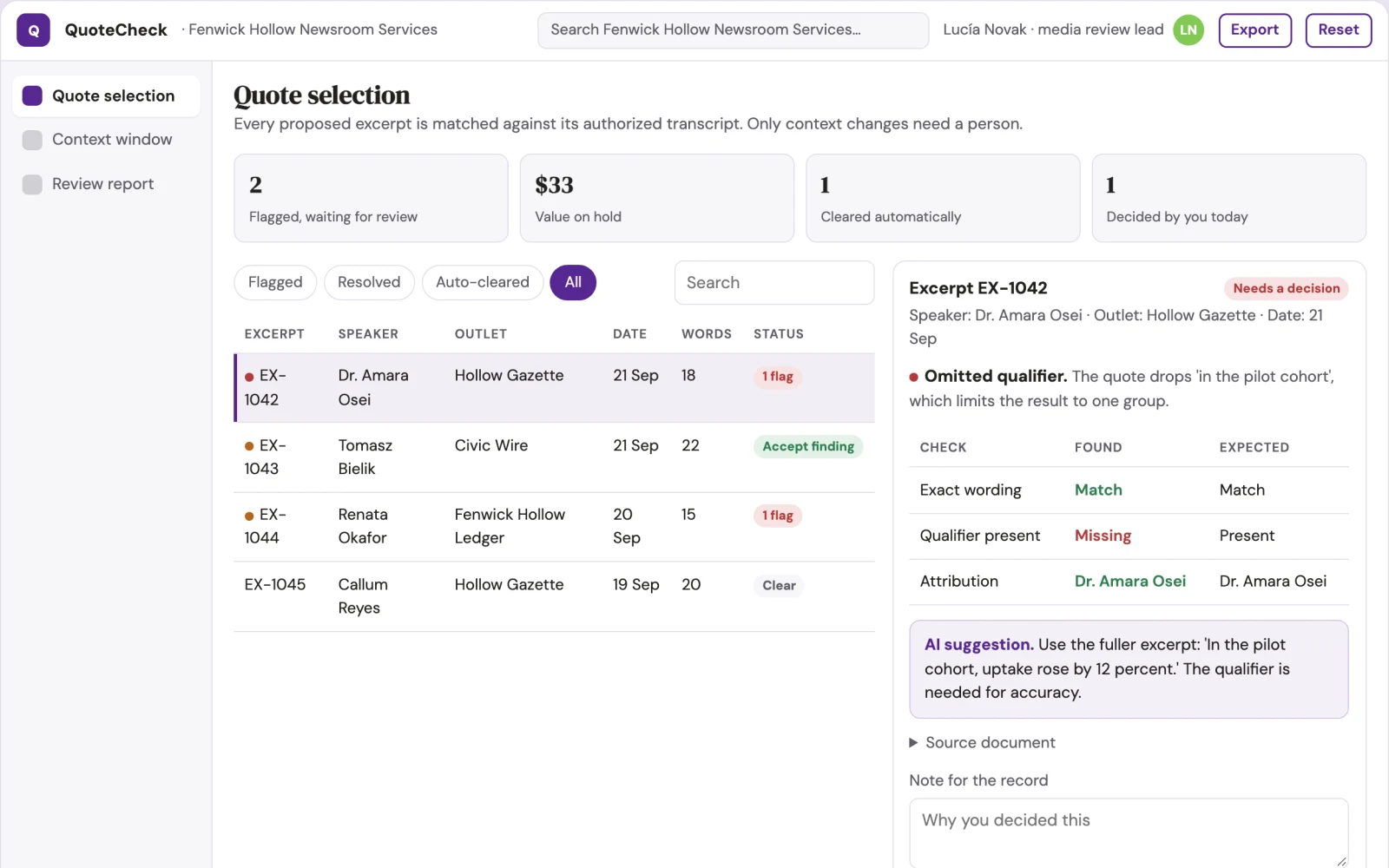 Screenshot of the Communications quote context checker interactive demo