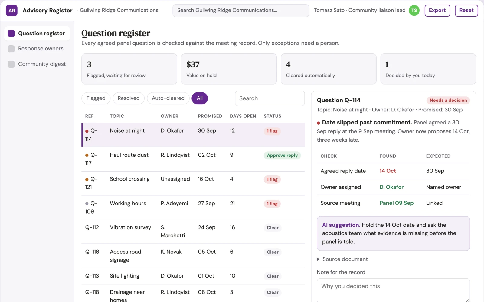 Screenshot of the Community advisory response portal interactive demo