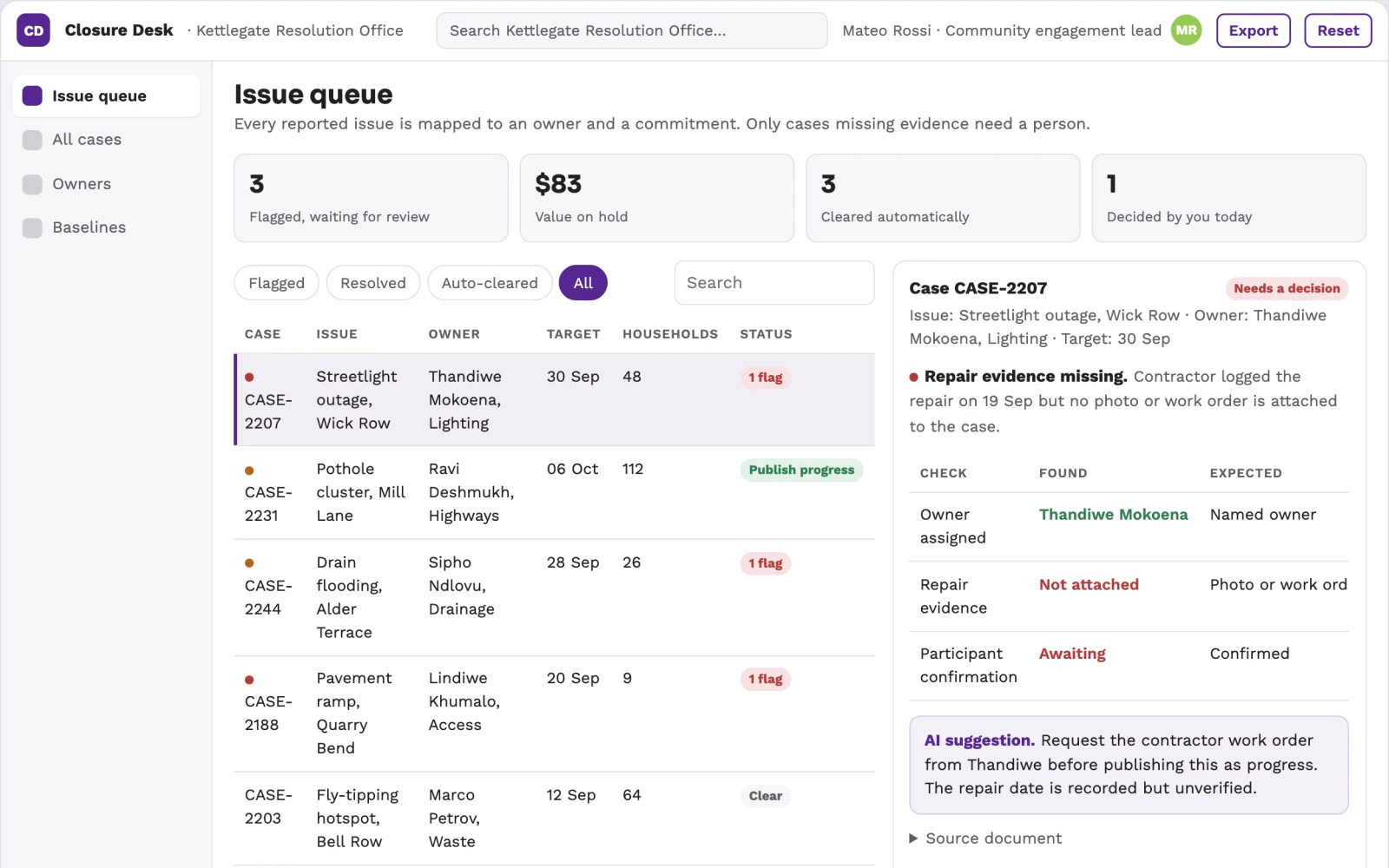 Screenshot of the Community issue resolution evidence portal interactive demo