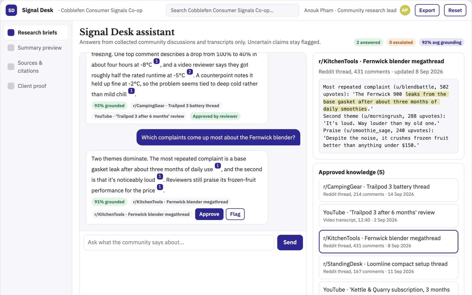 Screenshot of the Community opinion research and summary console interactive demo