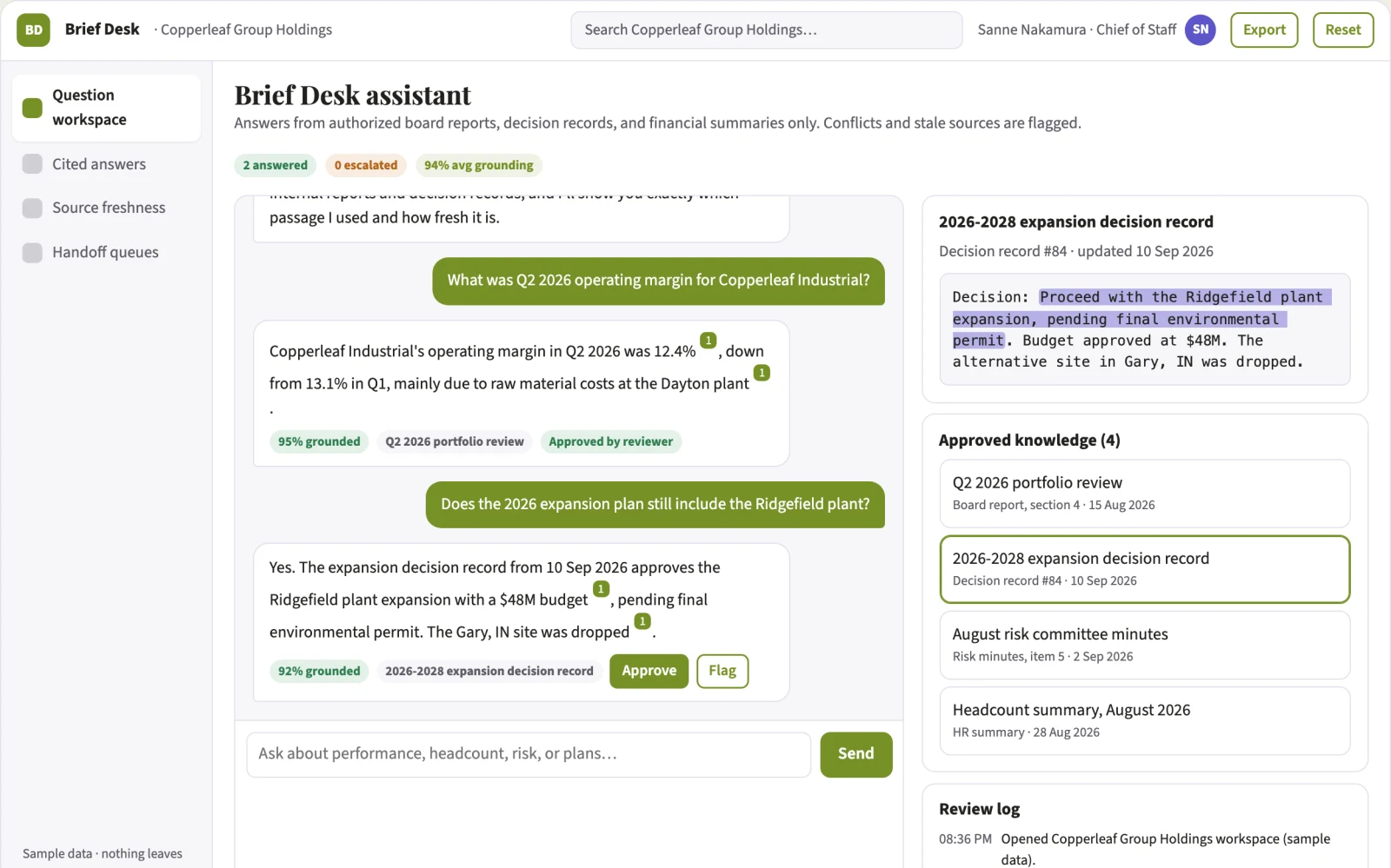 Screenshot of the Company knowledge briefing assistant interactive demo